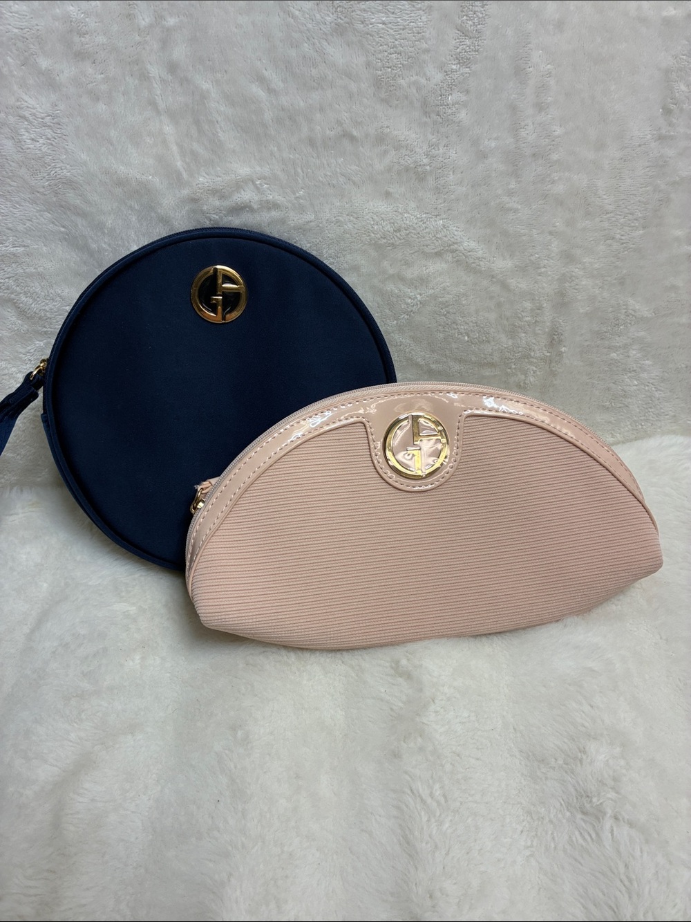 Giorgio Armani Blush Pink Half-Moon Cosmetic Pouch with Navy Round Case